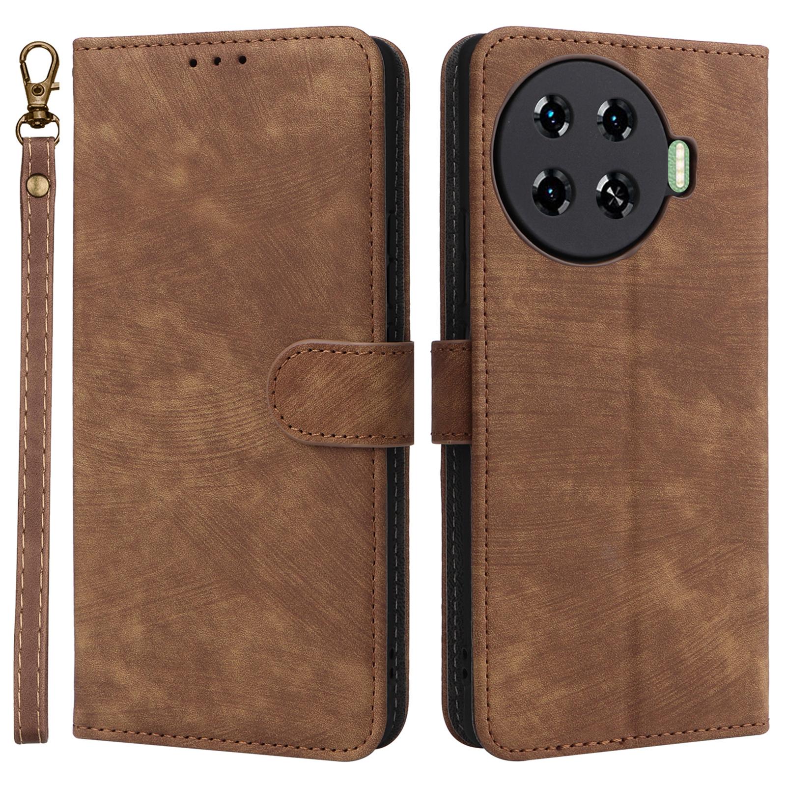

For TECNO Spark 20 Pro+ KJ7 Case with Hand Strap RFID Blocking Wallet Leather Cover Brown