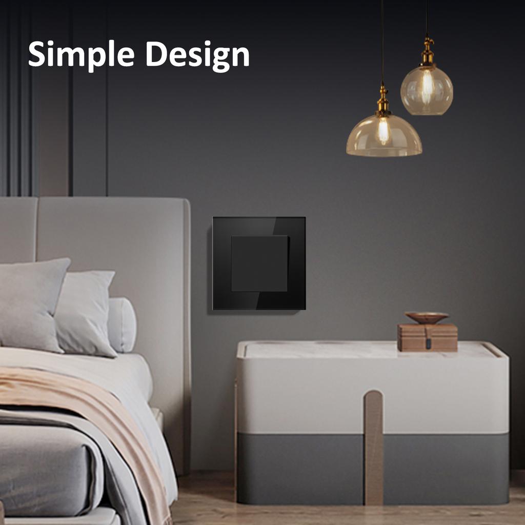 BSEED Switch Light Switch Black Glass Frame Wall Power Sockets USB-C Phone Charge E-Series EU Standard 1 Way