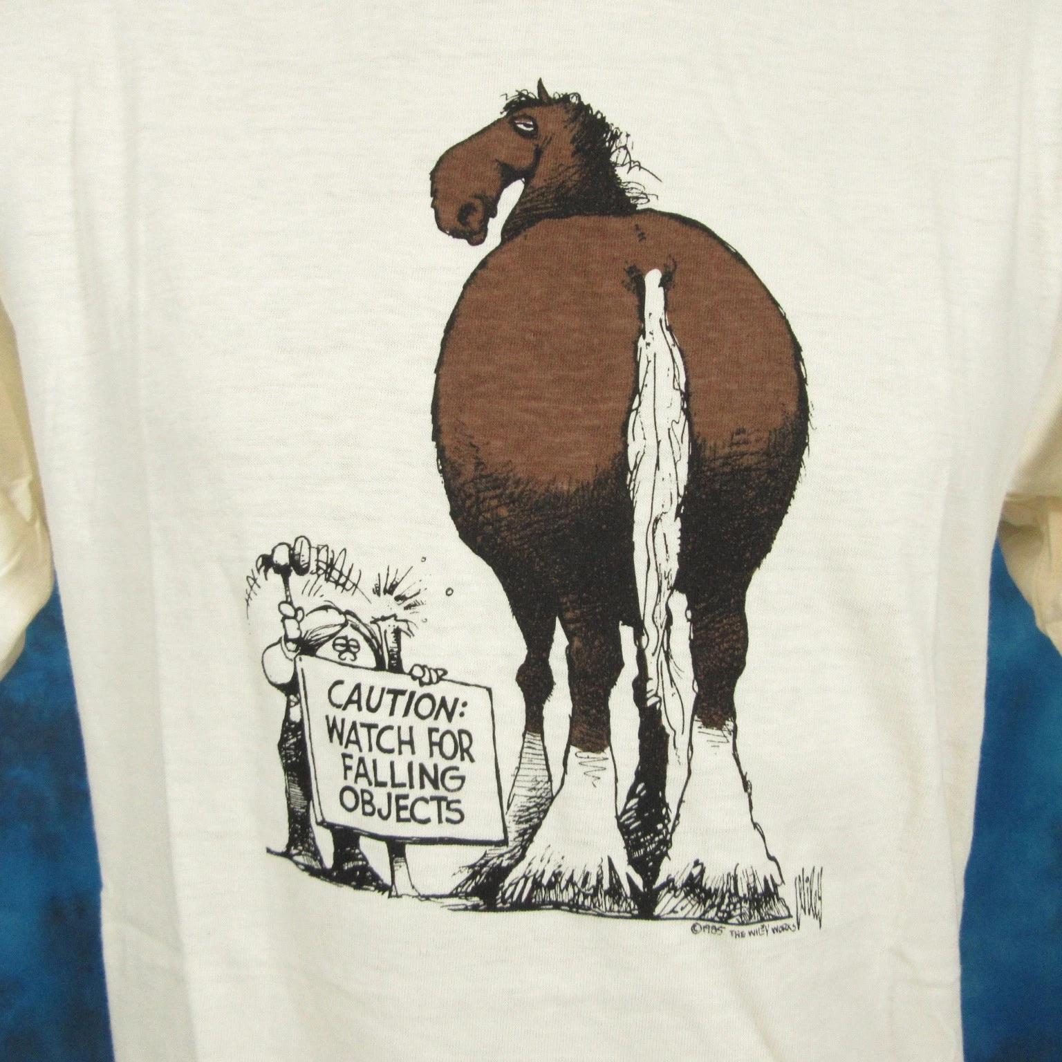 NOS vtg 80s HORSE POOP JOKE CAUTION SIGN CARTOON WILEY MILLER T-Shirt S/M cowboy S