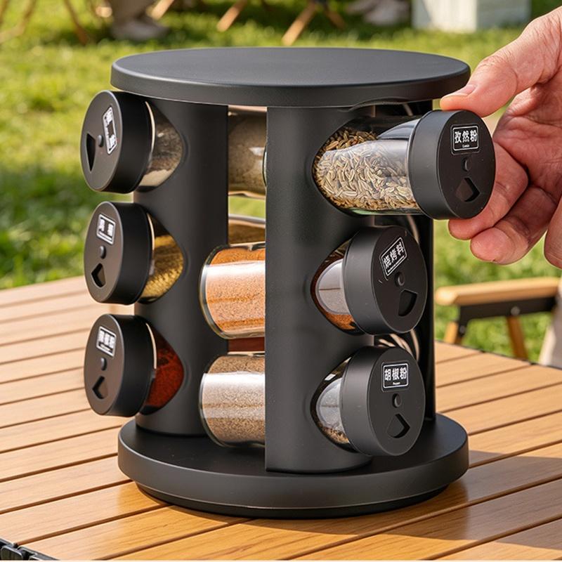 Rotating Spice Rack With Clear Glass Jars And Adjustable Lids 360 Degree Rotation For Home Kitchen Outdoor Camping Cooking