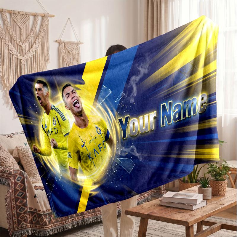 Futbol Logolu Kişiselleştirilmiş Cristiano Ronaldo Polar Battaniye, Özel İsim Yazılı Yumuşak Sıcak Ev Battaniyesi