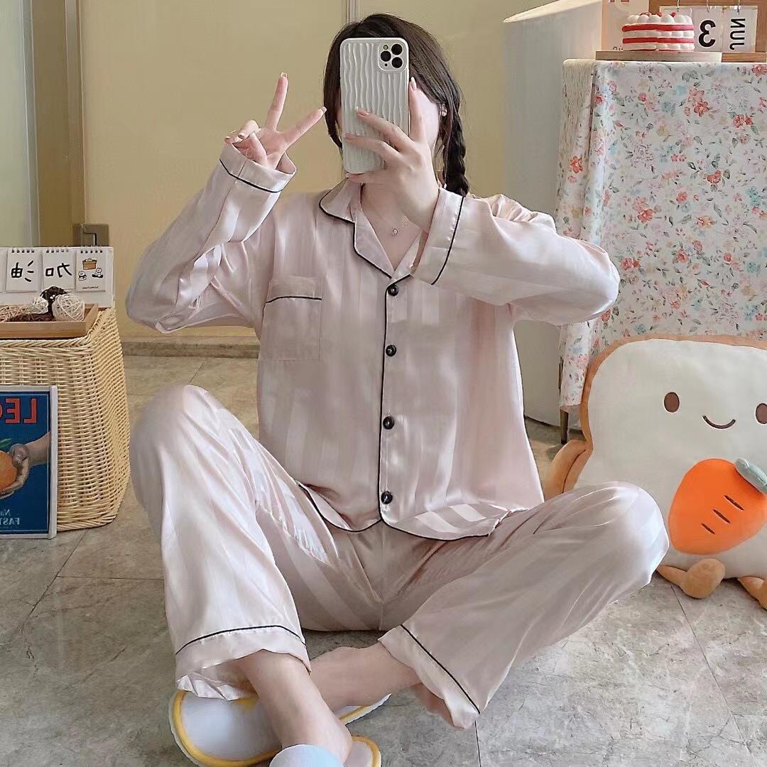 

Пижамы Ice Silk женские осенние и зимние топы и штаны полосатые пижамы семейная одежда кардиган однотонные пижамы домашняя одежда Average шампанского