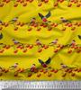 Soimoi Yellow Japan Crepe Satin Fabric Red Berries & Bullfinch Bird Fabric Prints By Metre 42 Inch