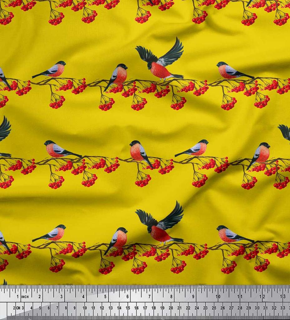 Soimoi Yellow Japan Crepe Satin Fabric Red Berries & Bullfinch Bird Fabric Prints By Metre 42 Inch