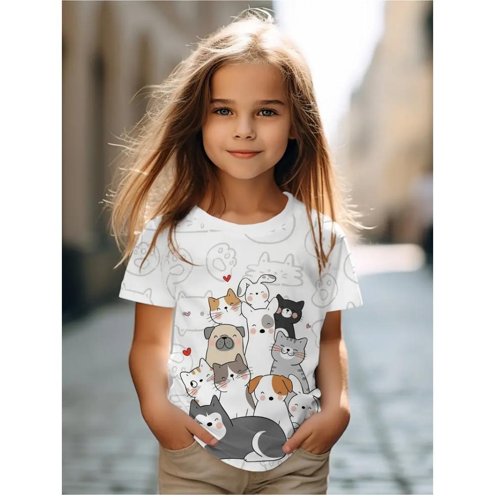 

Детская одежда Детская футболка с коротким рукавом для девочек Мультяшный кот Кавайная летняя одежда для девочек Детская футболка Детская одежда 150