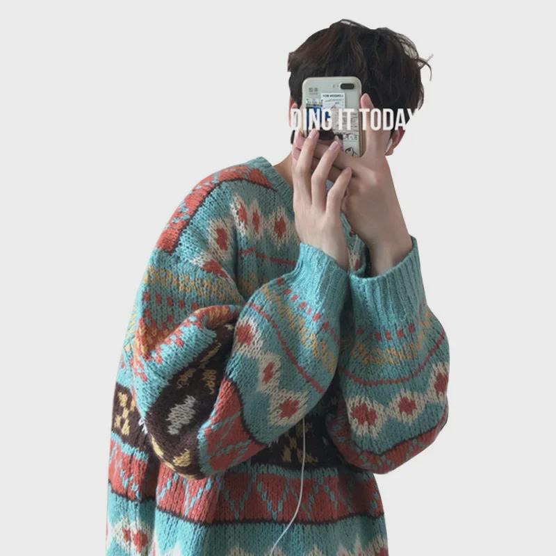 Men's Loose Fit Thickened Knitted Sweater - Korean & Harajuku Style Winter Pullover