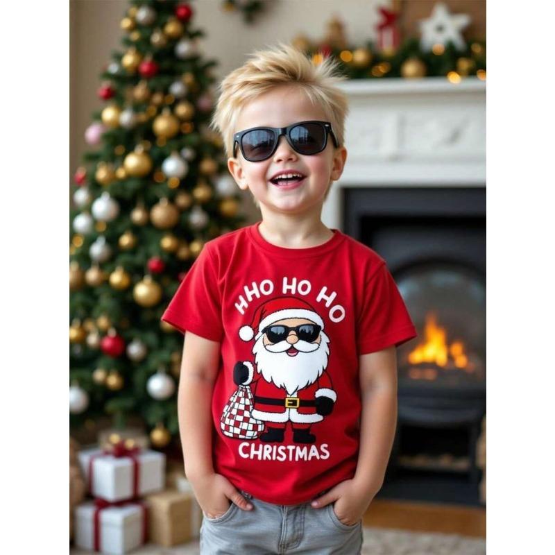 New Boys' T-shirts, Spring and Autumn Children's Colorful Christmas Printed Tops, Baby Base Shirts, Short-sleeved T-shirts