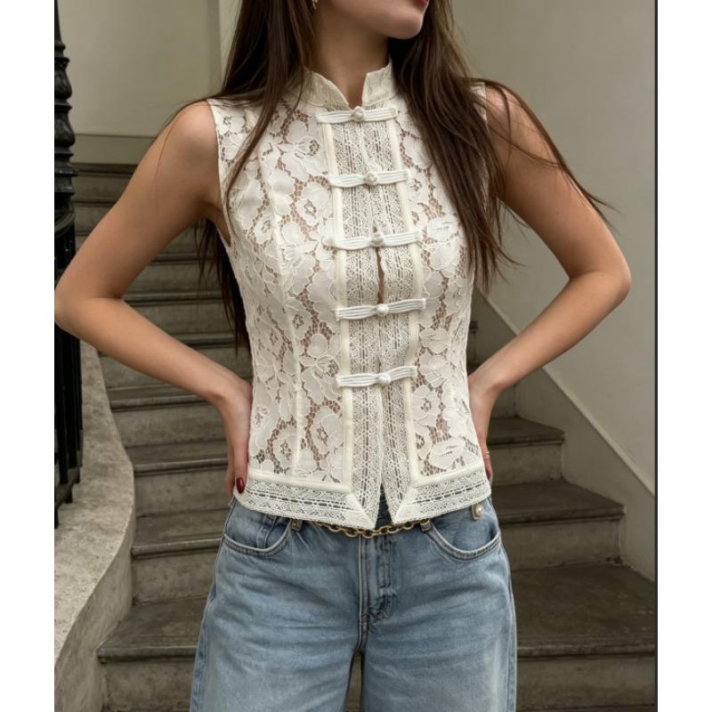 Women Spring Summer New Lace Crochet Stand Collar Slim Fit Blouse Stylish Elegant Commuter Design Shirt