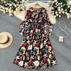 Summer new French retro collar lantern sleeve print dress high waist word skirt chiffon skirt big swing dress
