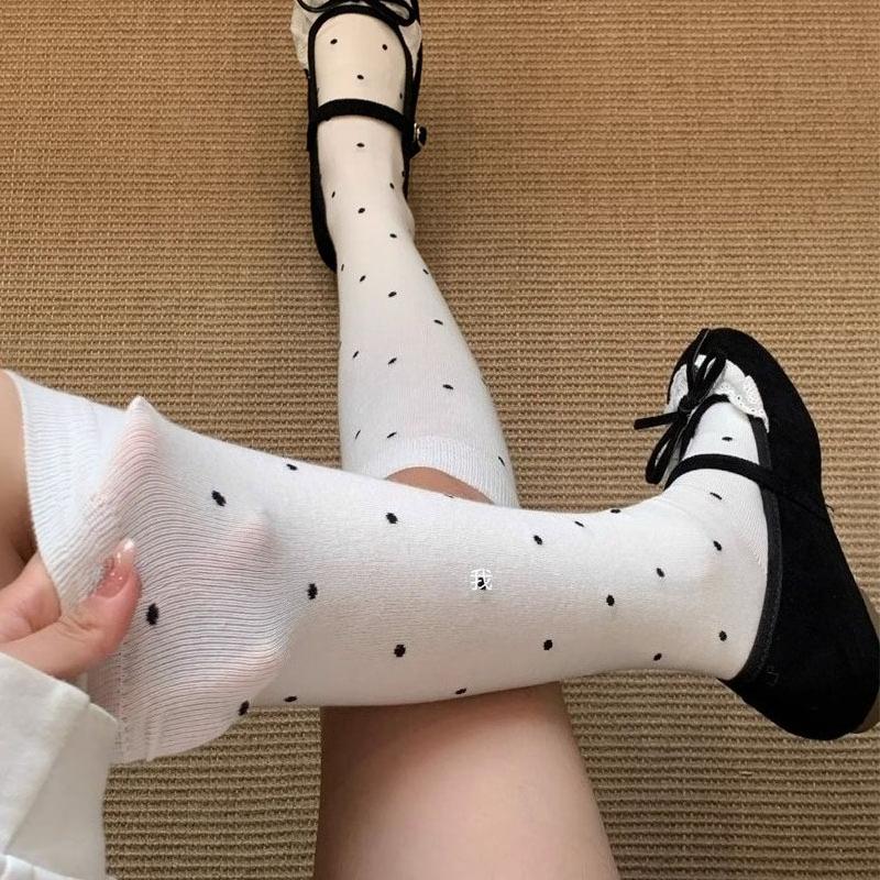 Korean White Polka Dot Knee High Socks JK High Tube Pile Sock Gray Small Round Dot High Tube Socks with Small Leather Shoes