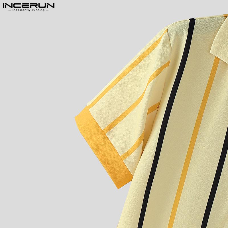 INCERUN Oversized Men Short Sleeve Striped Print Buttons Casual Loose Shirts Tops