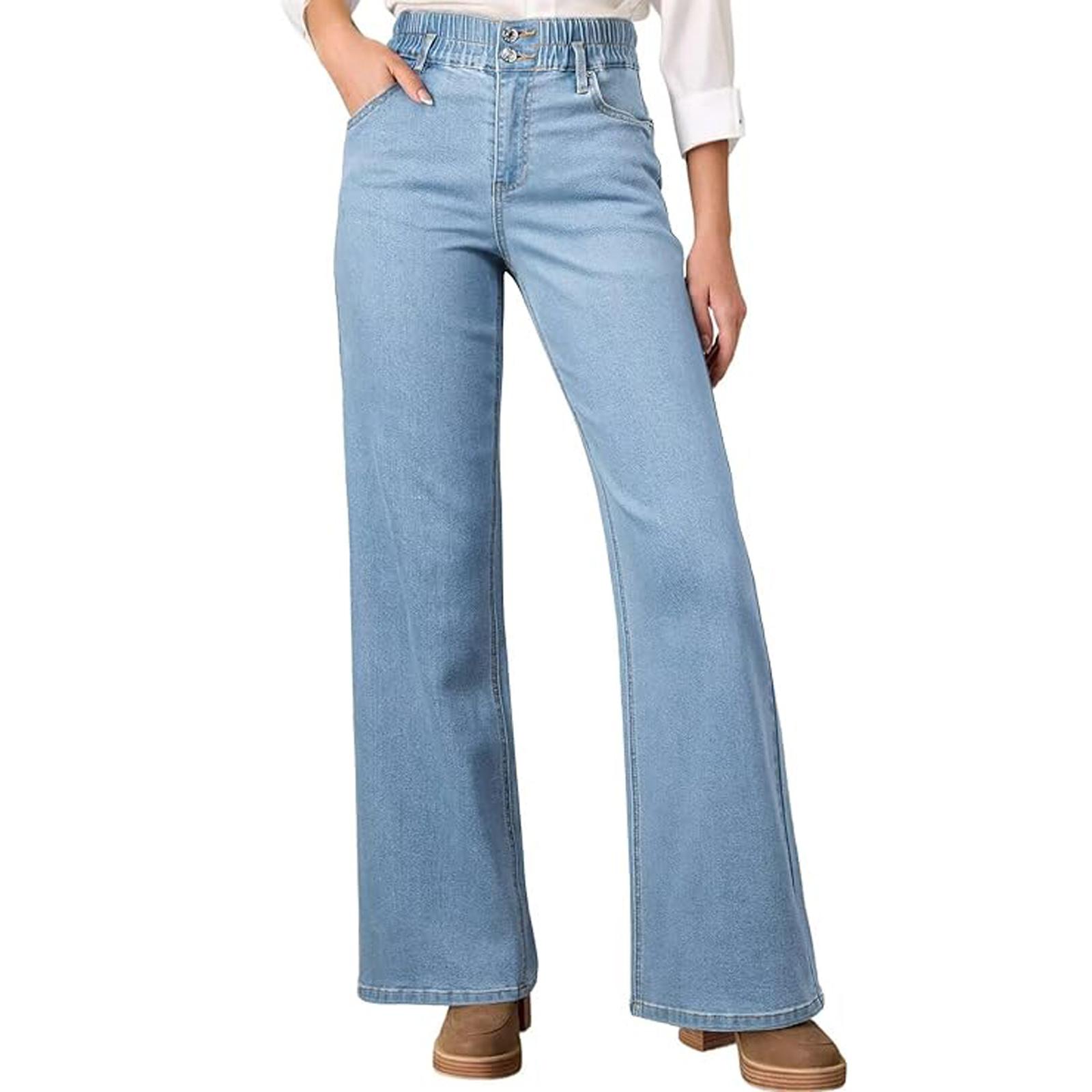 

Женские джинсы с высокой посадкой и широкими штанинами, модный осенний наряд, джинсовые эластичные повседневные брюки L синий