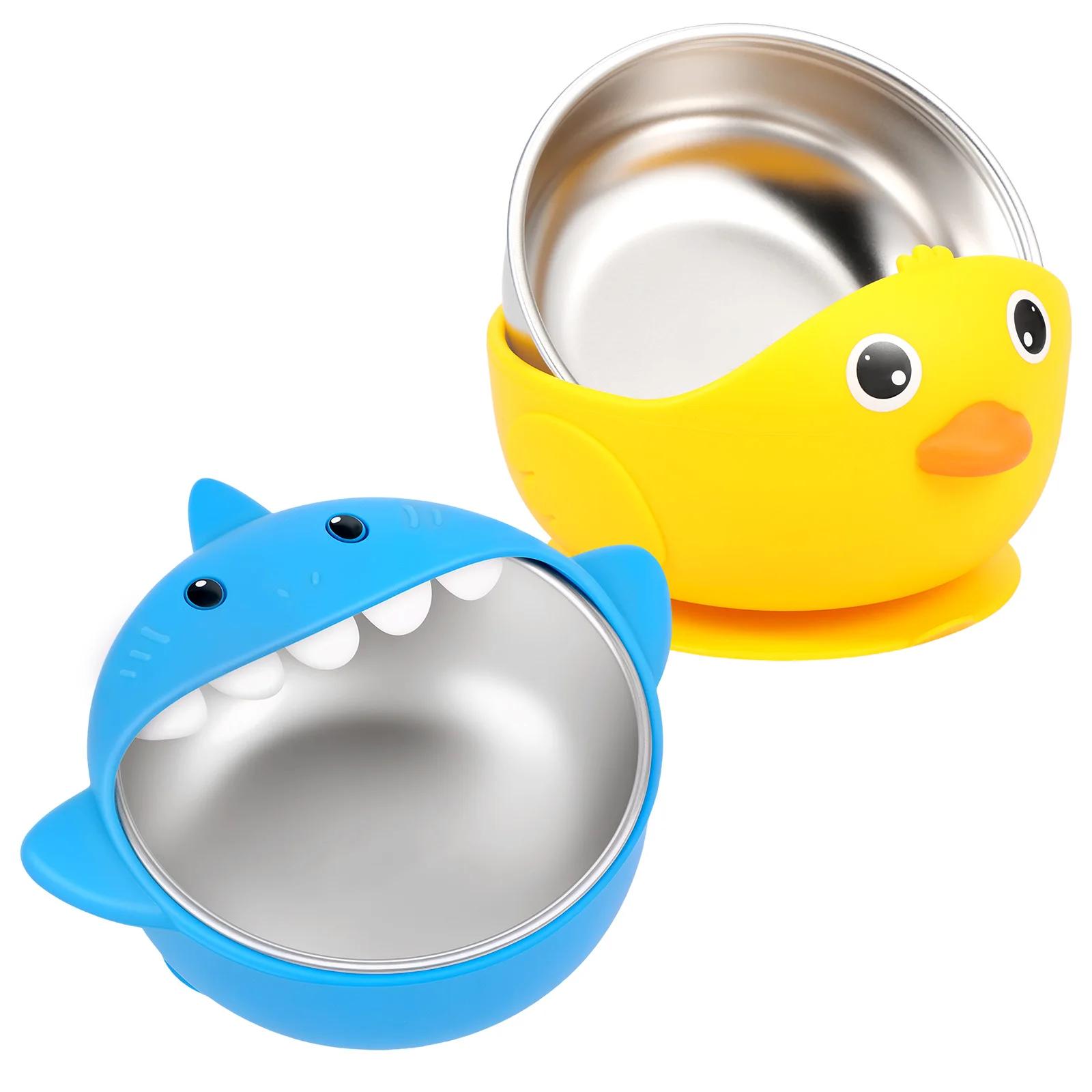 2Pcs Stainless Steel Baby Bowl Silicone Suction Bowl Removable Silicone Sleeve Animal Design Non-Slip Toddler Bowl Feeding Dish