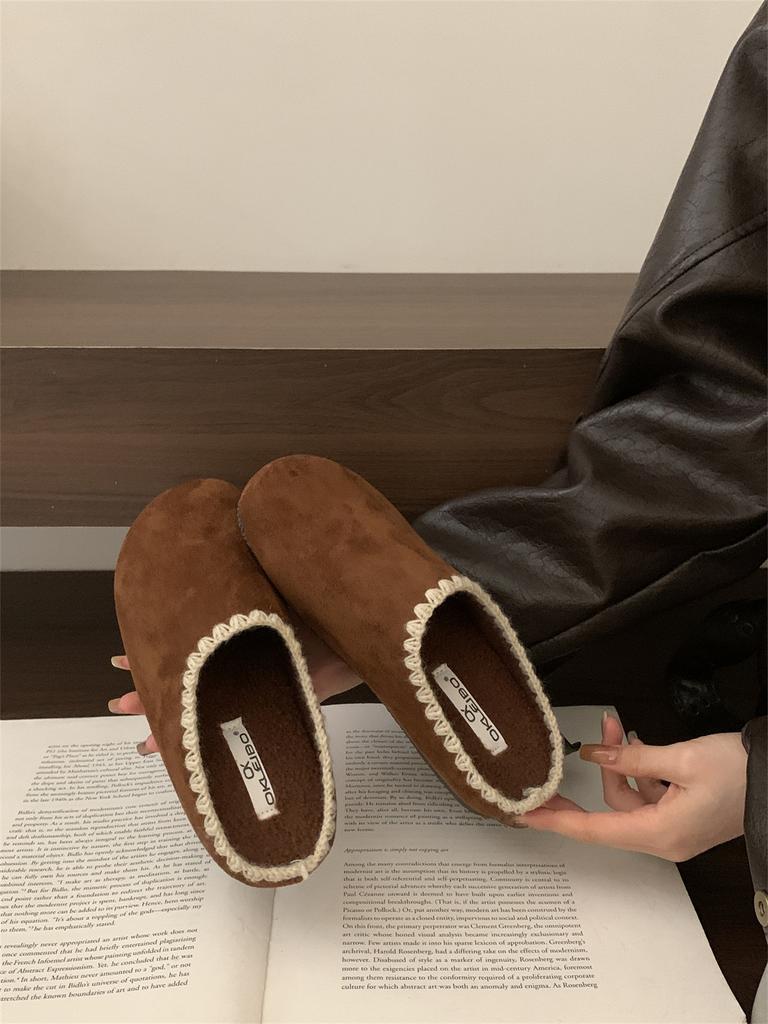 Velvet Lace Edge Birkenstocks, Bag Head, Half-drag Women's Outer Wear 2025 Autumn New Lazy Drag Flat Cotton Shoes, Slippers