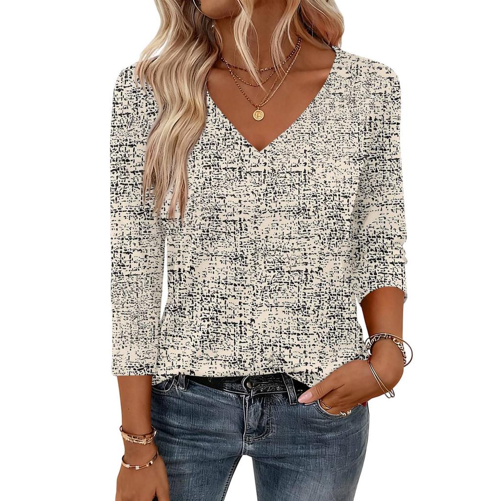 Damskie bluzki z rękawem 3/4, koszulki z dekoltem V, casualowe bluzki, podstawowe t-shirty