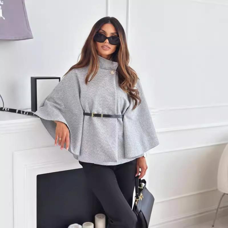 New, winter fashion solid color waist strap woolen cloak jacket women's clothing
