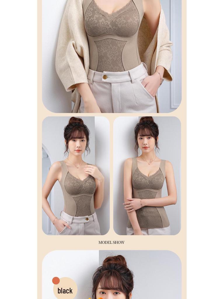 Ladies' Thermal Vest: Double-Sided Brushed Velvet, Seamless Lace, Chest Padding, Plus Size, Autumn/Winter Warmth