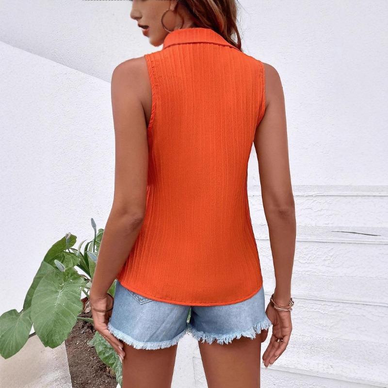 Camicetta da Donna Arancione a Coste Senza Maniche con Bottoni e Collo Camicia Casual Estiva Monocolore