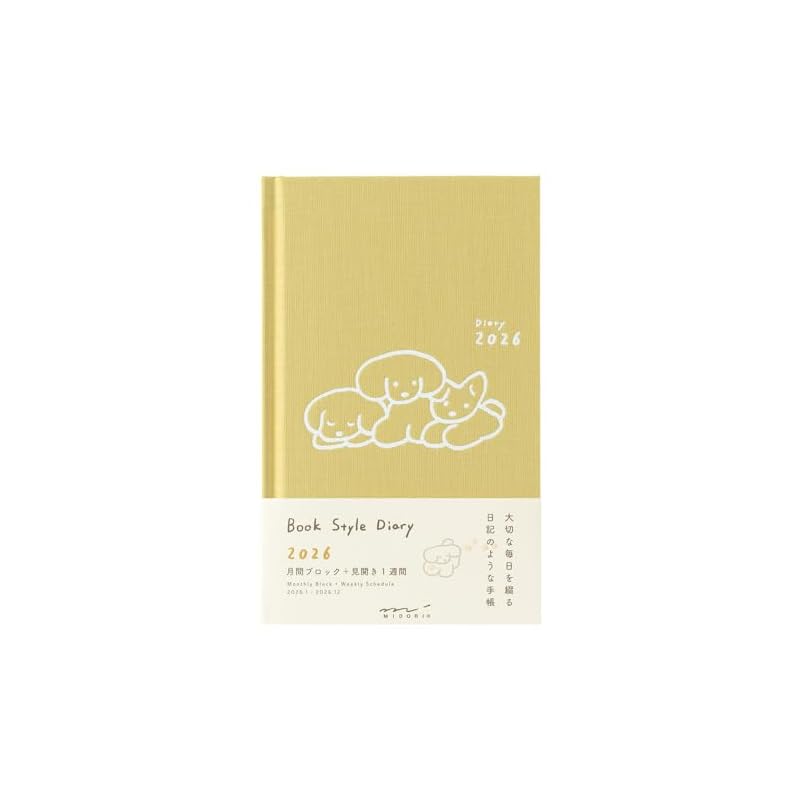 Midori Book-Style Diary, 2026, B6 Weekly, Dog Print, Yellow, 22379006 (Starts January 2026)