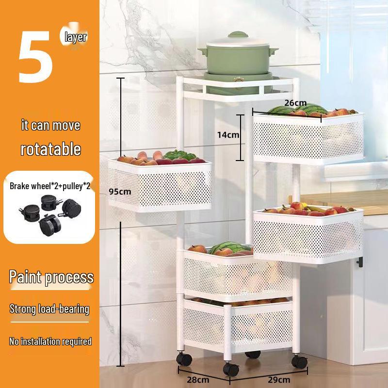 Kitchen Floor-Standing Multi-Layer Snack, Fruit & Vegetable Rotating Storage Trolley