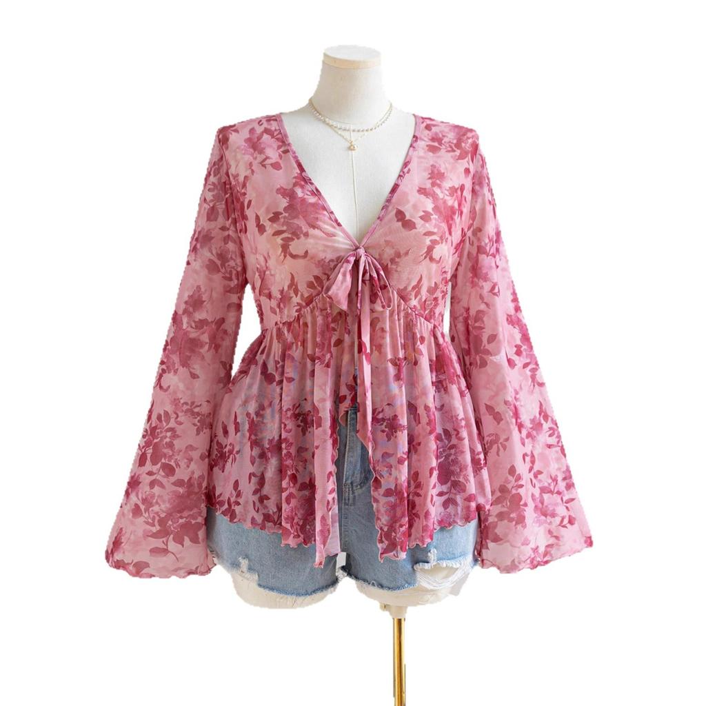 V-hals Trykket Feriestil Dame Bluse med Utsvingede Ermer Løs og Flytende