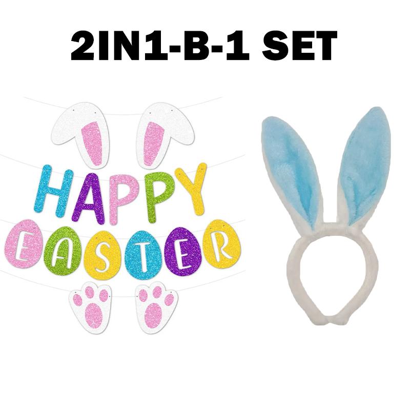 Happy Easter Pulling Flag Banner Bunny Ear Headband Easter Theme Party Background Wall Decoration For Festival Celebration