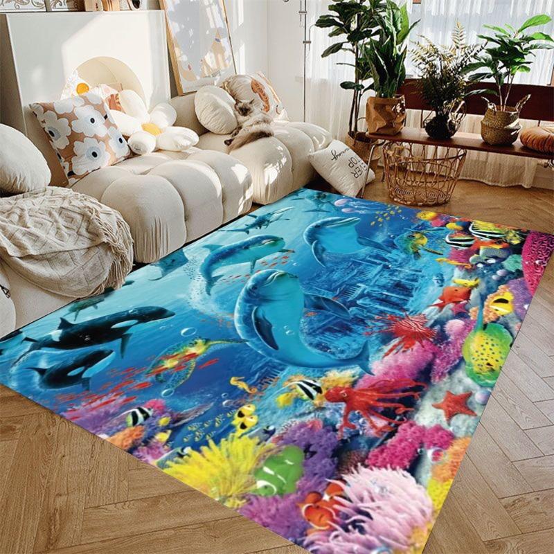 Large Dual Scene Ocean Area Rug Beach Sunset and Underwater World Living Room Bedroom Unique Decor Carpet Home Decoration Mat
