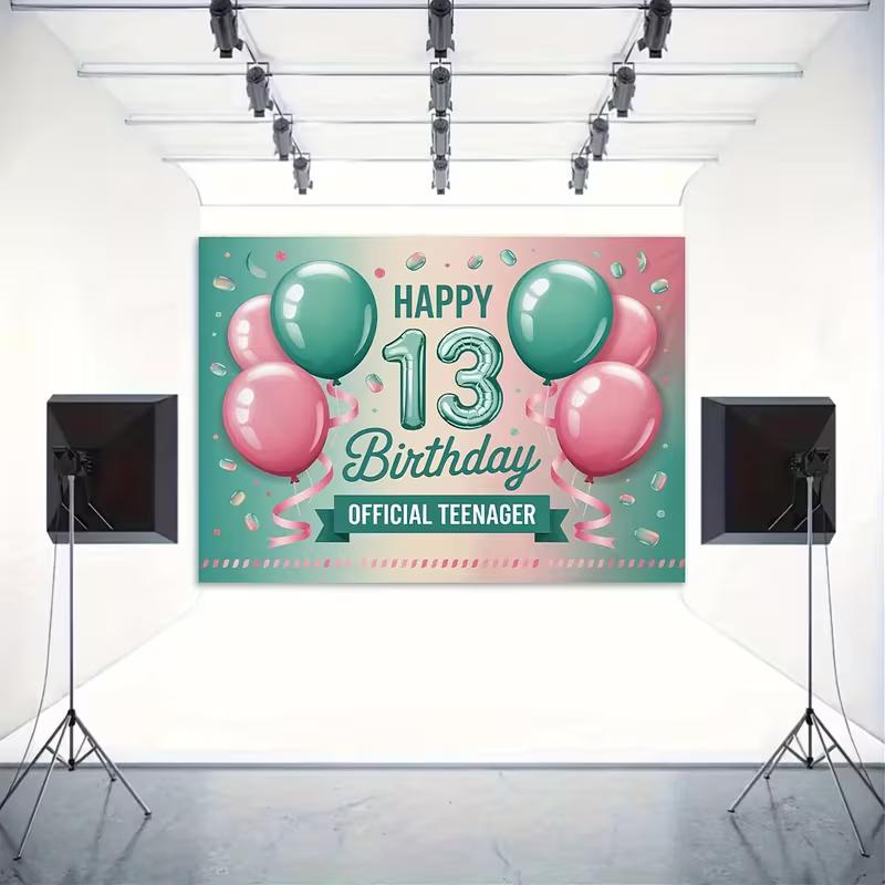 2D Official Teenager 13th Birthday Backdrop, Teal Pink Party Photography Background Cloth