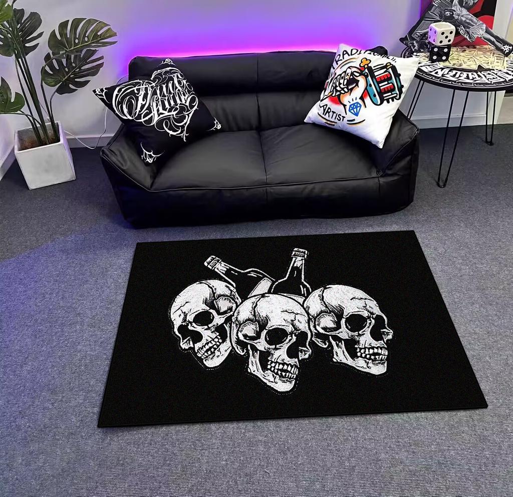 Modern Style Skull Pattern Black Carpet Big Size Non-slip Living Room Rug Soft Easy Cleaning Entrance Door Mat Machine Washable