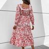 Moda Donna Primavera Autunno Manica Lunga Collo Quadrato Vita Alta Abiti Casual
