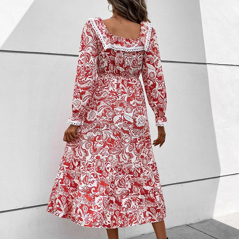 Moda Donna Primavera Autunno Manica Lunga Collo Quadrato Vita Alta Abiti Casual