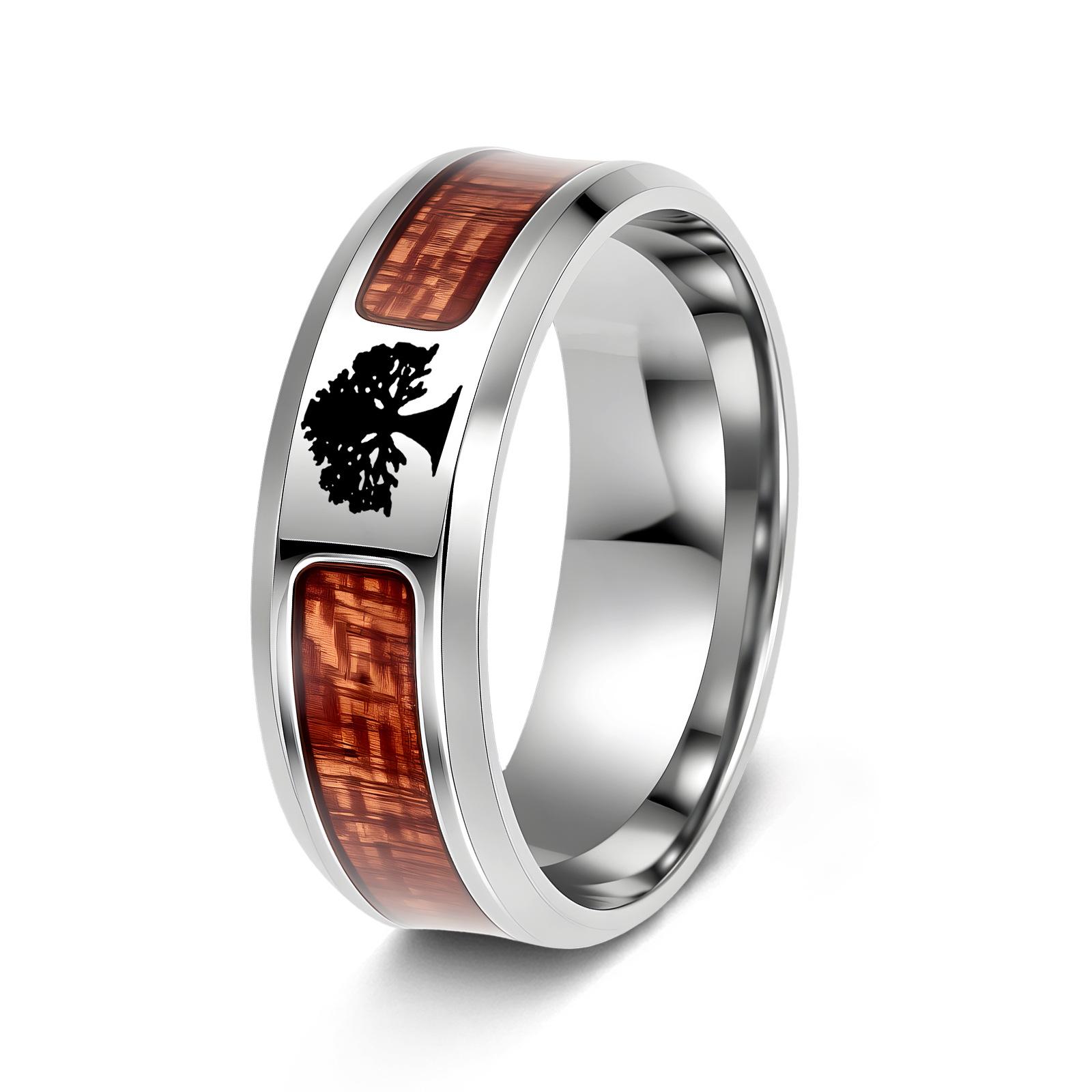 

Stainless Steel Ring With Acacia Wood Inlay Half Circle Tree Of Life Cross Design Durable Fashion Jewelry no. 6