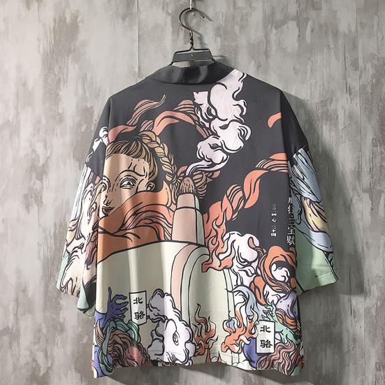 Pánská košile v čínském stylu Potisk 3/4 rukáv Uvolněný střih Streetwear Japonský límeček s volným stojáčkem Kimono Top pánské oblečení