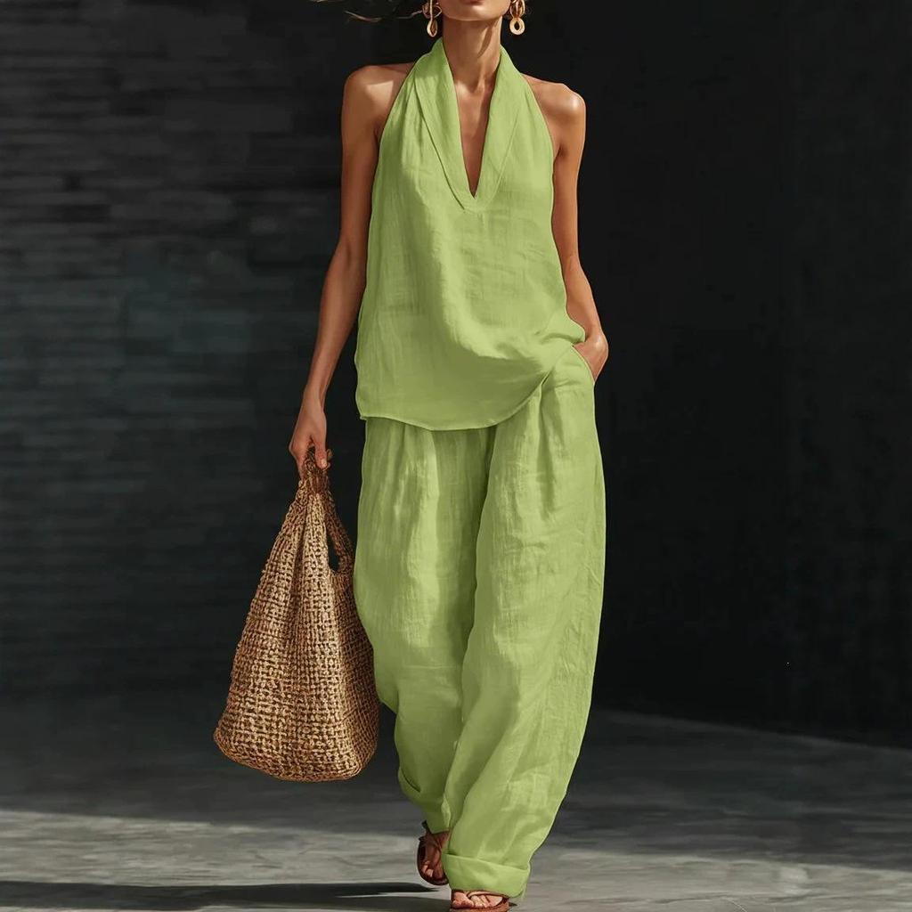 In Stock Women's Halter V-Neck Sleeveless Casual Fashion Set