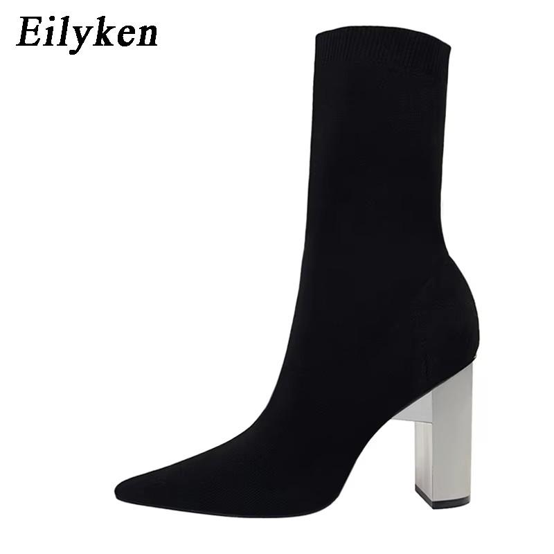 Eilyken Women Fetish Stretch Sock Boots Metal Block High Heels 9.5cm Short Ankle Boots Chunky Stripper Shoes Mujer