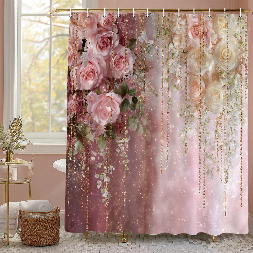 Rose Floral Pink Curtain Shower Curtain,Flowers Bathroom Decorative Shower Curtain, Printed Polyester Curtain with Hooks W90xH180cm