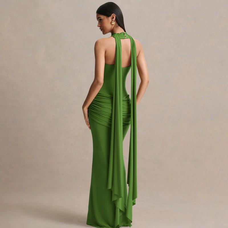 2026 Womens Elegant Solid Color Halter Neck Pleated Bodycon Dress Party Date Wear