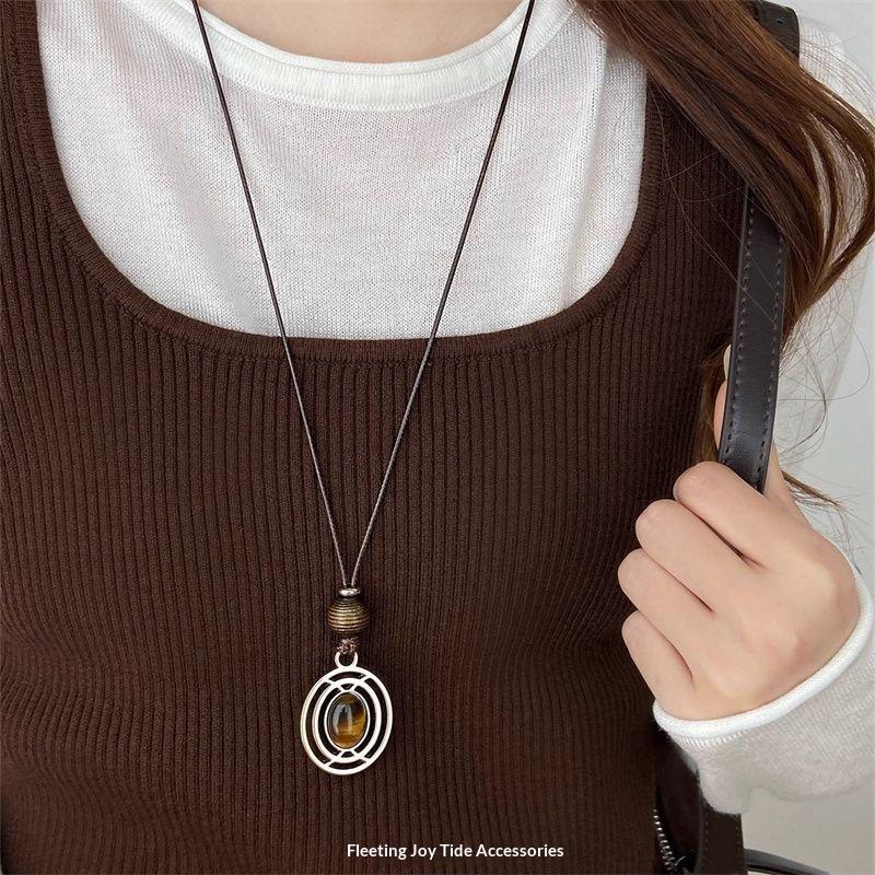 Vintage Brown Tiger Eye Stone Pendant Necklace For Women Fashion Long Rope Sweater Chain Necklaces