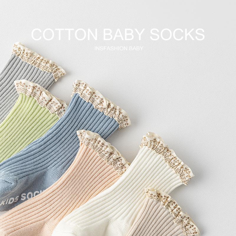 Newborn Male Female Babies Infants Children Combed Cotton Spring and Autumn Summer Lace Medium Tube Non-slip Floor Socks