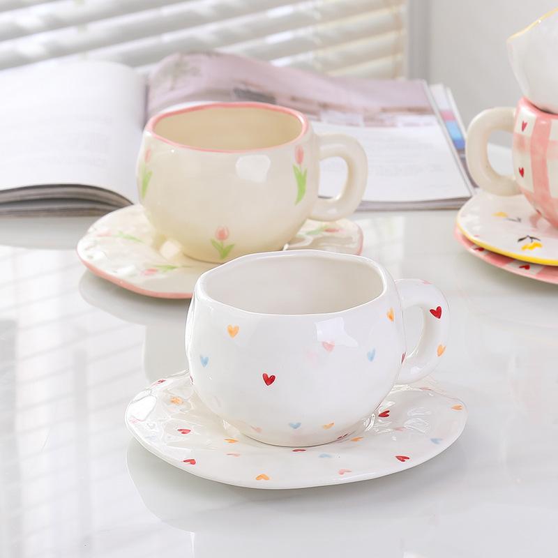 Korean Ins Style Ceramic Mug High Value, Afternoon Tea Cup Hand-painted Girl Cute Hand-squeezed Coffee Cup Saucer