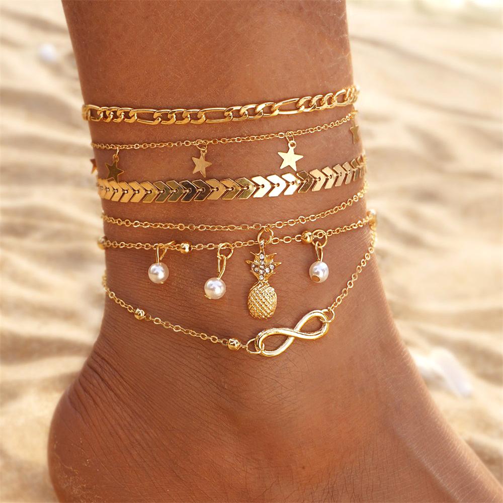 Bohemian Charm Anklet Set For Women Star Moon Ankle Bracelet On Leg Foot Chain Female Beach Jewelry