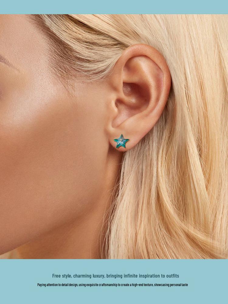 Yin Ziyun Blue-Green Starfish S925 Sterling Silver Summer Earrings
