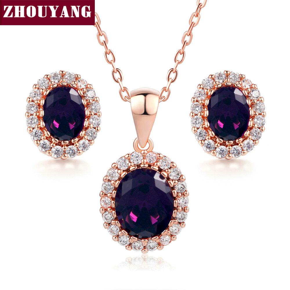 Red Crystal Necklace Earrings Jewelry Set For Women Simple Rose Gold Color Oval Rhinestone Accessories Wholesale Girl Gift S213