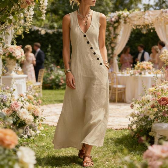 Vestidos Maxi de Verano para Mujer Casual sin Mangas Cuello en V Vestido de Playa Suelto de Tirantes con Botones y Bolsillos