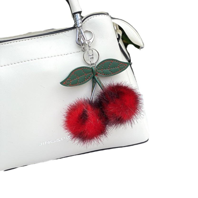 Dual-Color Pom-Pom Leather Keychain: Plush Cherry Pendant Ornament for Bags кларет