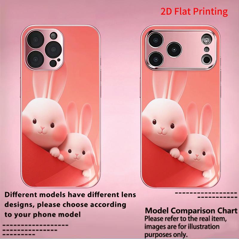 2DFlat electroplated tempered glass phone case,Cute Bunny Duo Design,suitable for iPhone 18 Pro Max 17 16 15 14 13 12 11