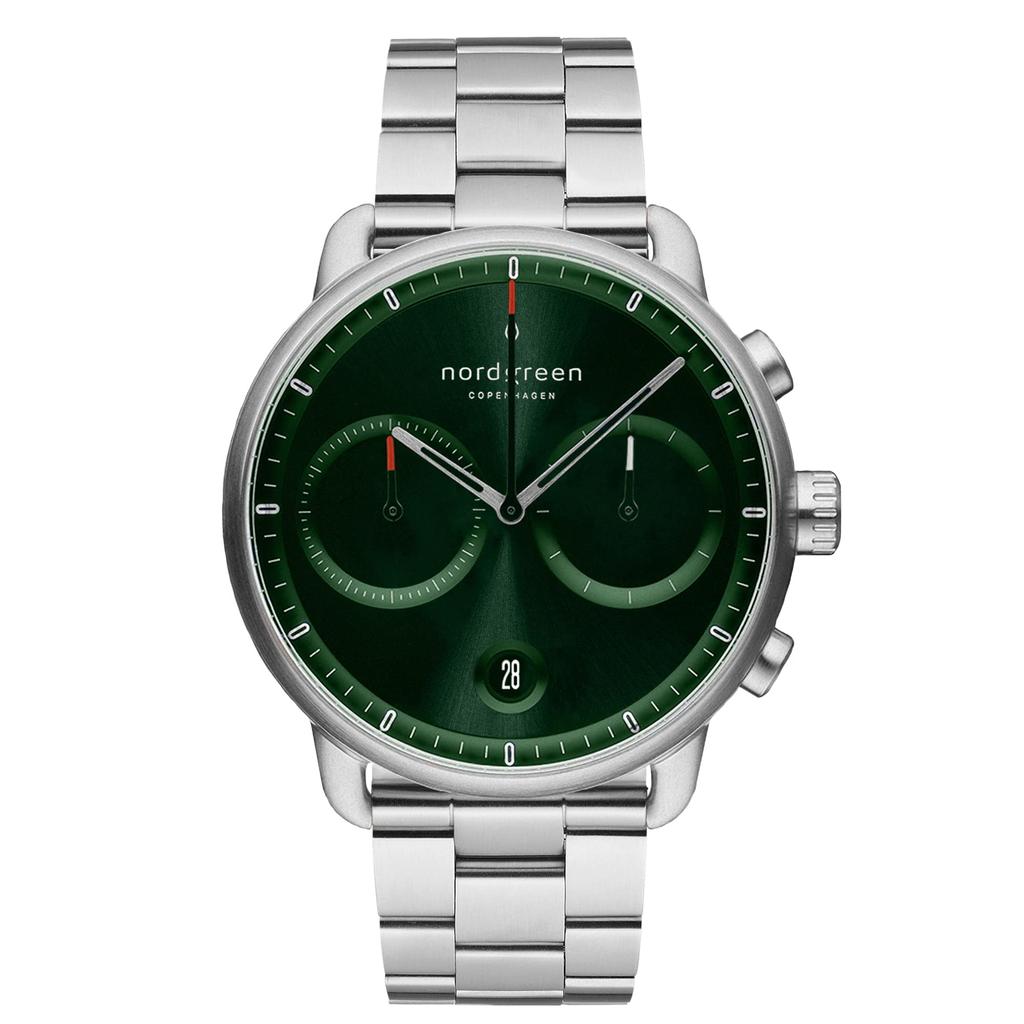 Nordgreen Pioneer Scandinavian Design Watch Sunray Green Silver 3 Link Bracelet 42mm