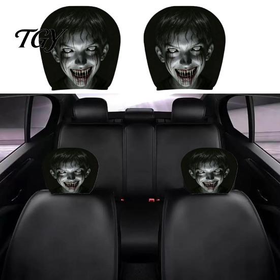 Breathable Car Interior Accessories 2Pcs Halloween Headrest Covers, Creepy Ghost Face Seat Universal Fit Protector, Auto Decor for SUV Truck