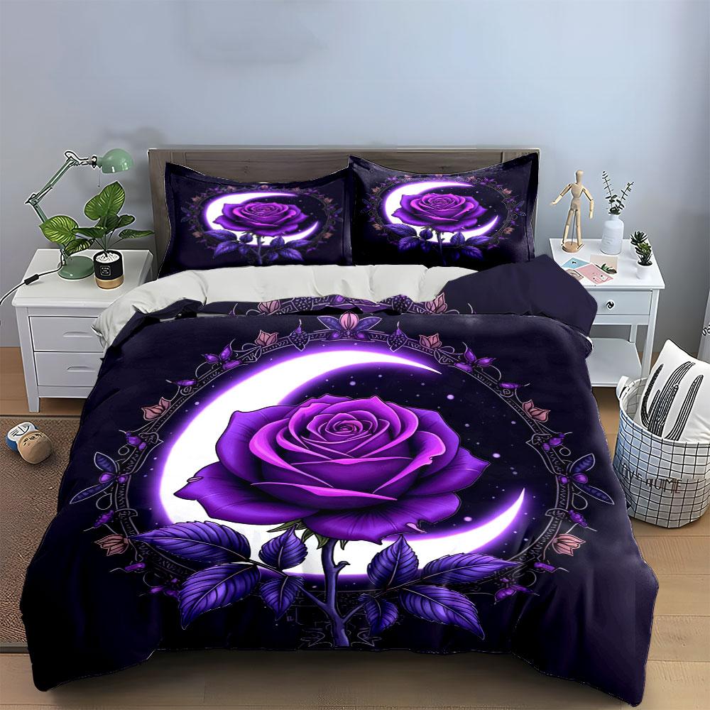 Purple Rose Moon Decor Set Soft Comfortable Duvet Cover Bedding Set Included 1*Duvet Cover & 2*Pillowcases, Gift