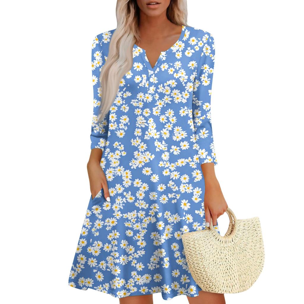 Women's Fashionable V-Neck Button Seven Part Cuff Pocket Floral Dress